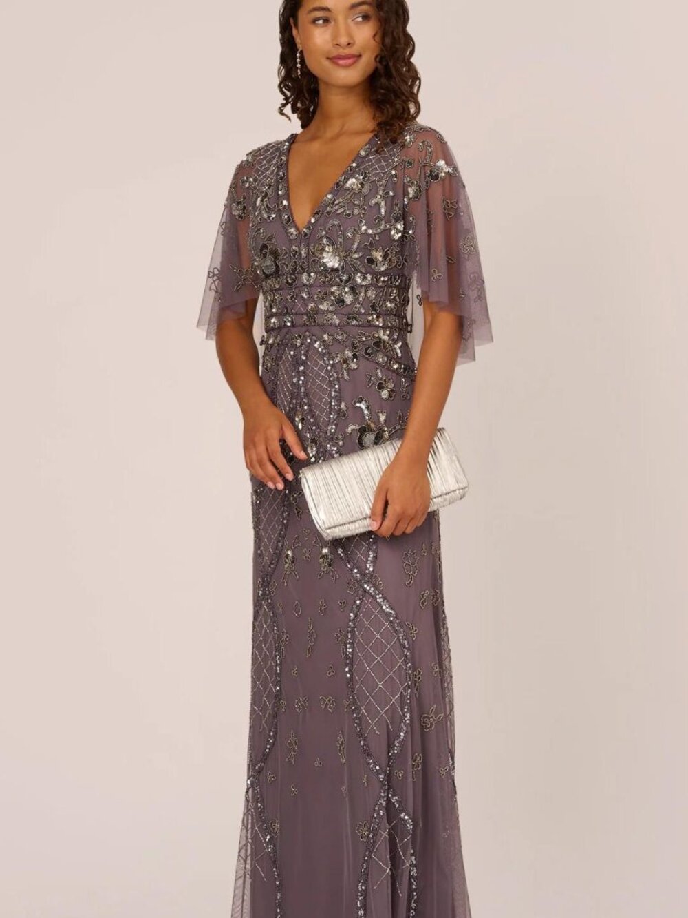 Adrianna Papell Women's Embellished Cape-Sleeve Gown Moonscape Size 14